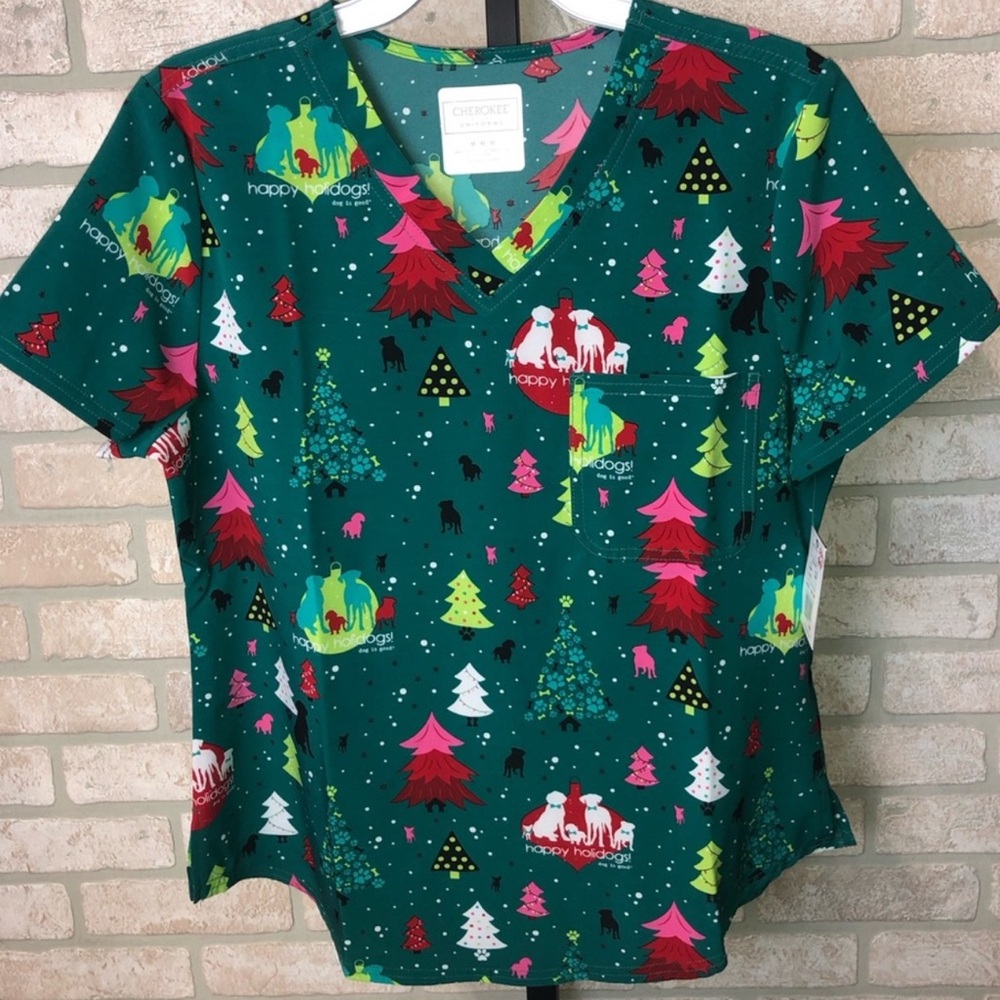 NWT Cherokee Happy Holidogs Teal Holiday Medium V-neck Scrub Top Modern Classic